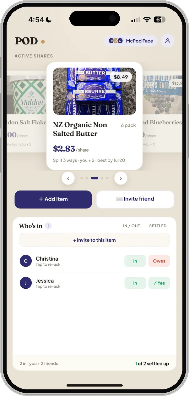 POD app showing NZ butter split 3 ways at $2.83 per share, with Christina and Jessica marked In