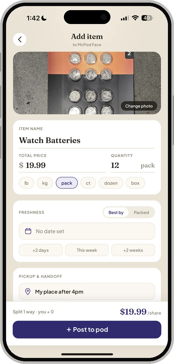 POD Add item screen: Watch Batteries, $19.99, 12 pack, pickup at my place after 4pm