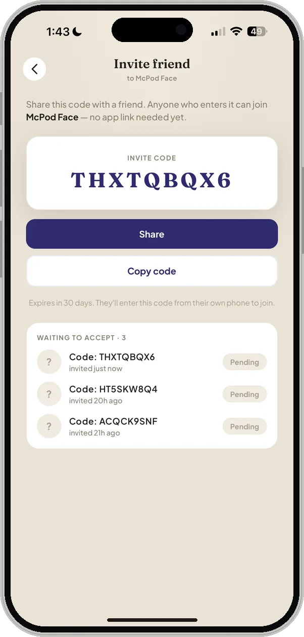 POD Invite friend screen with a shareable invite code